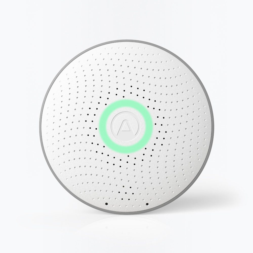 Airthings Wave Radon, a round white radon detector
